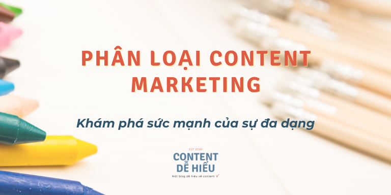 Hình minh họa các loại content marketing được phân loại theo định dạng, mục đích, nền tảng và tính chất.